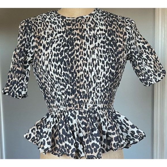 Ganni Tops - Ganni Smocked Animal Print Leopard Peplum Top 34/ XS or 2